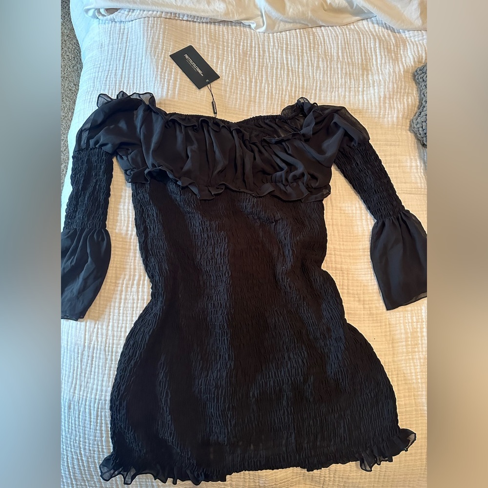 Black chiffon shirred bodycon dress